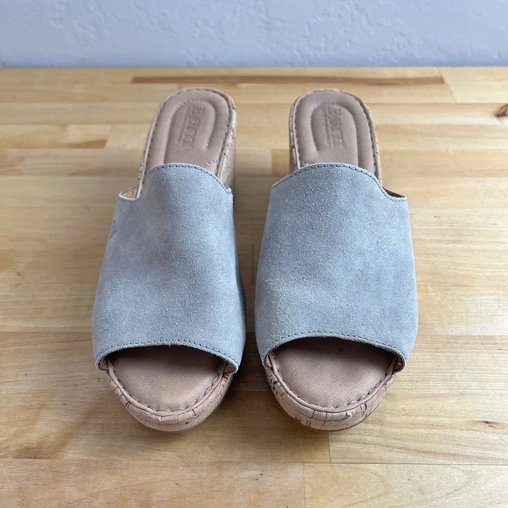 Born Sandals Wedge Lilah Size 7 Taupe Suede Open Toe Cork Platform Slide Slip On